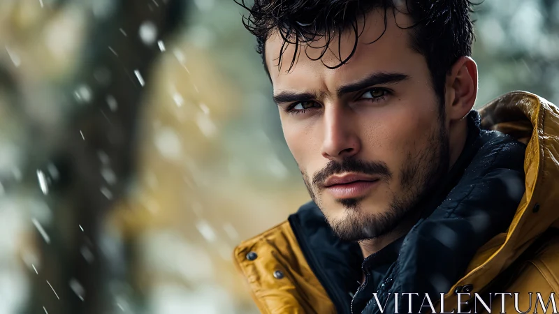 Brooding man in yellow parka under soft falling snow.