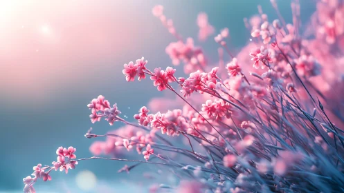 Pink Blossoms Against Blue Sky. Soft Focus Floral Scene.