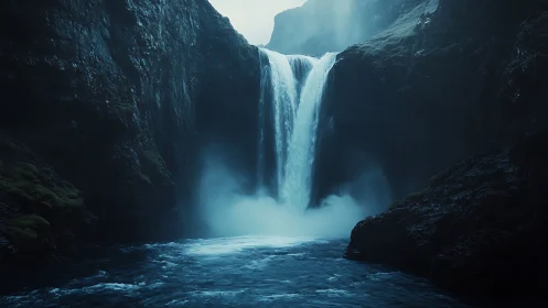 Misty twin waterfall plunges into dark secluded gorge.