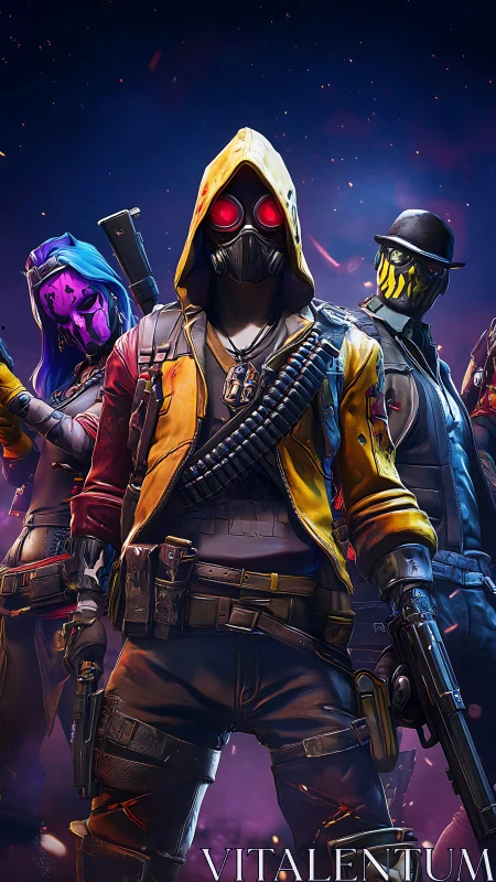 Masked armed characters stand in neon lit sci fi scene