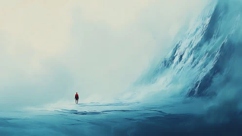 Solitary wanderer in a vast, misty icebound dreamscape.