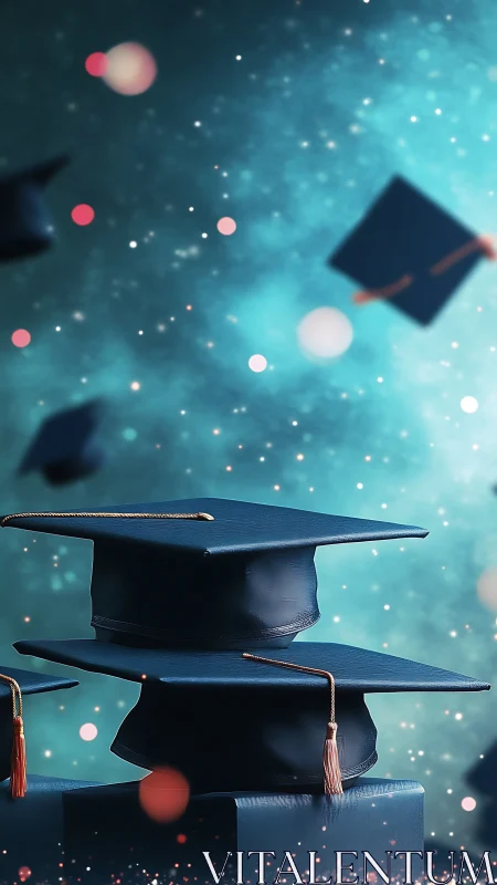 Joyful graduation caps rise against a dreamy blue sky