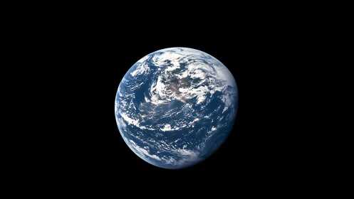 Blue marble Earth in deep black space, full globe view.