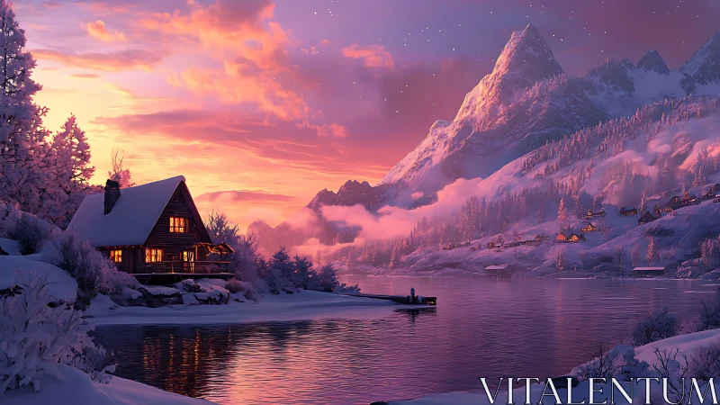 Snowy lakeside cabin glows under vivid winter sunset sky