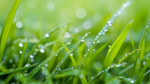 Close-up macro view of dew drops on fresh green grass.