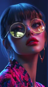 Digital portrait depicts woman in reflective glasses under neon light