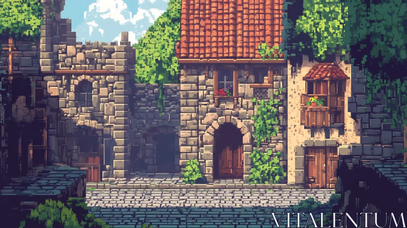 Sunlit pixel village courtyard rests between stone walls