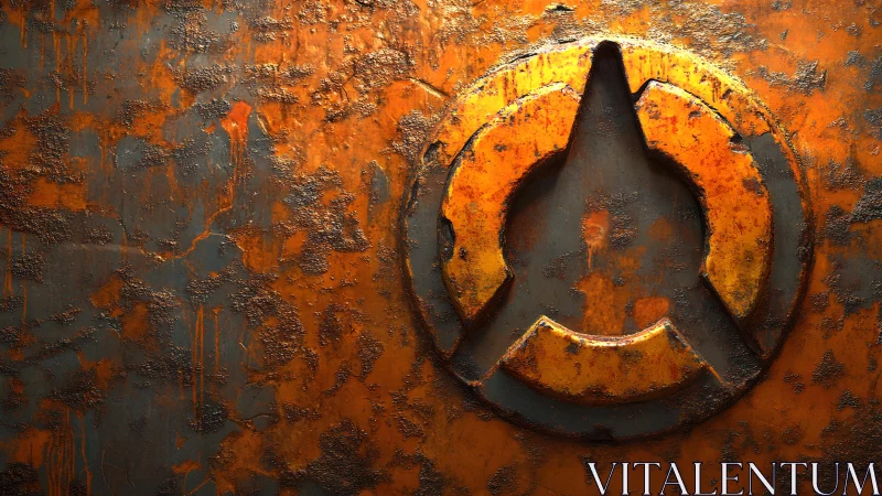 Weathered Hazard Symbol on Rusty Metal Surface, Industrial Style.