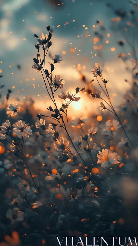 Wildflower silhouettes glowing in ember lit sunset bokeh.