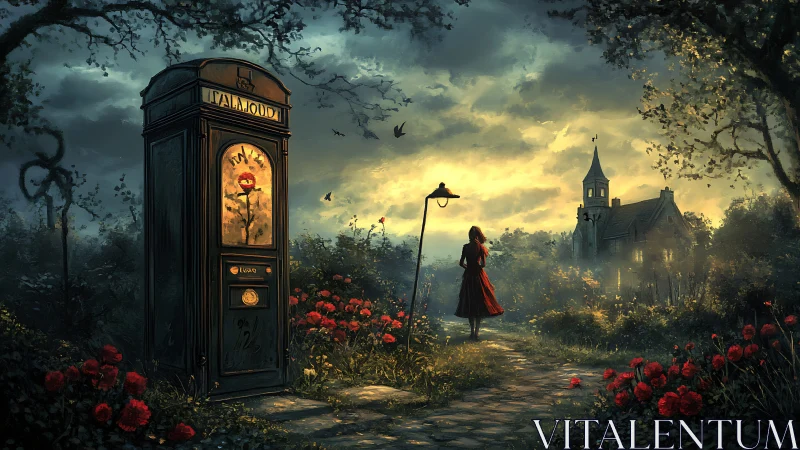 Gothic garden path converges toward illuminated distant chapel