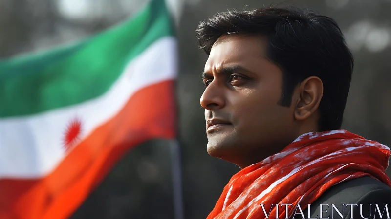 Man stands in profile outdoors with tricolor flag behind