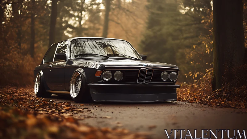 Lowered classic BMW coupe parked on quiet autumn road.
