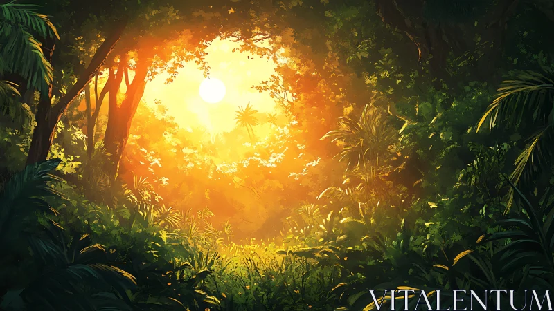 Radiant tropical canopy aperture with volumetric sunlit haze.