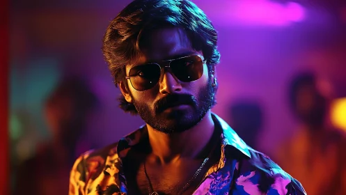 Neon-soaked night rebel in mirrored shades and loud shirt.