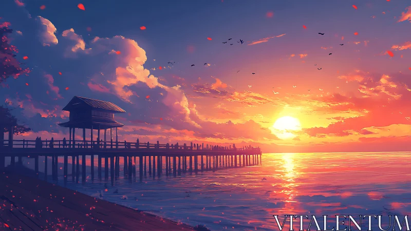 Sunset pier over calm sea in vibrant anime style.
