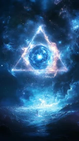 Geometric energy portal above figure in luminous seascape.