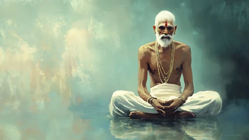 Elderly sage meditates in tranquil, misty spiritual space