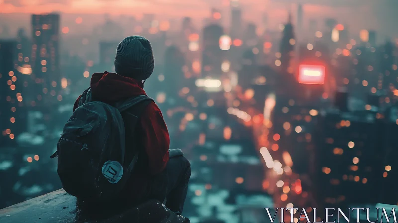 Solitary rooftop dreamer above neon-drenched twilight city.