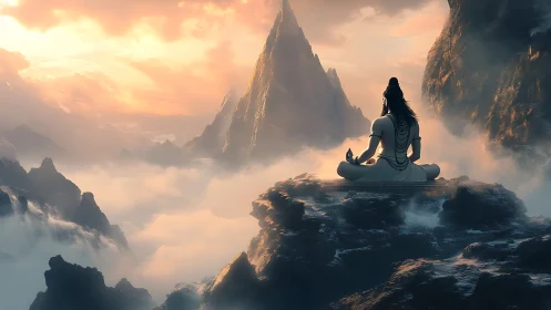 Mountain clouds cradle the meditating lord of twilight still