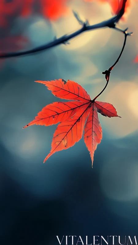 Single red maple leaf hangs sharply against blurred bokeh