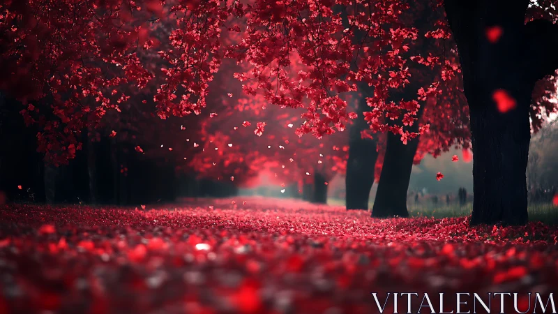 Red foliage trees form aligned corridor over leaf‑covered path