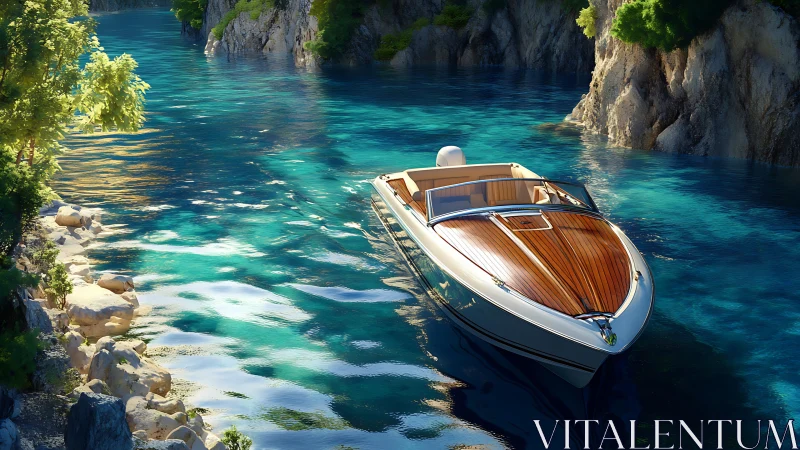 Sunlit wooden speedboat glides through a glassy turquoise cove