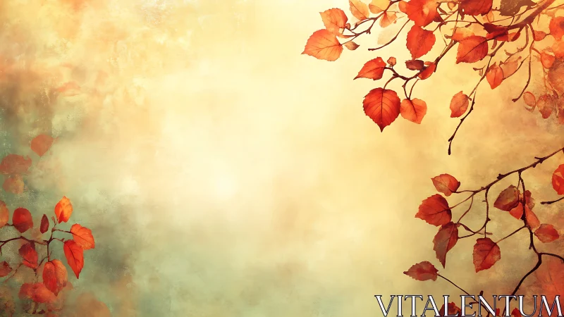 Golden autumn leaves drift softly against a glowing sky