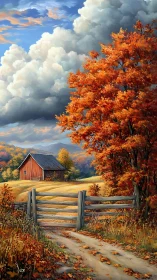 Autumn country lane leading to barn under dramatic clouds.