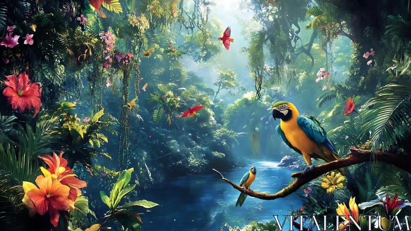 Lush tropical rainforest river with perched macaw digital painting.