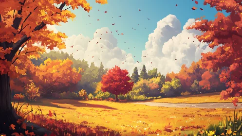 Autumn meadow landscape with trees under clear blue sky.