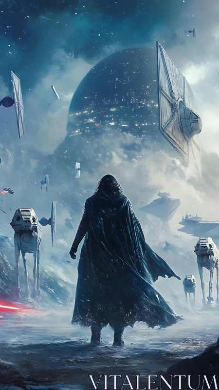 Cloaked wanderer greets an empire of cold mechanical stars