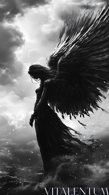 Dark winged figure stands over turbulent, reflective sea