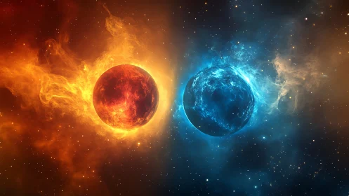 Fiery and icy twin planets drift in a glowing cosmic embrace