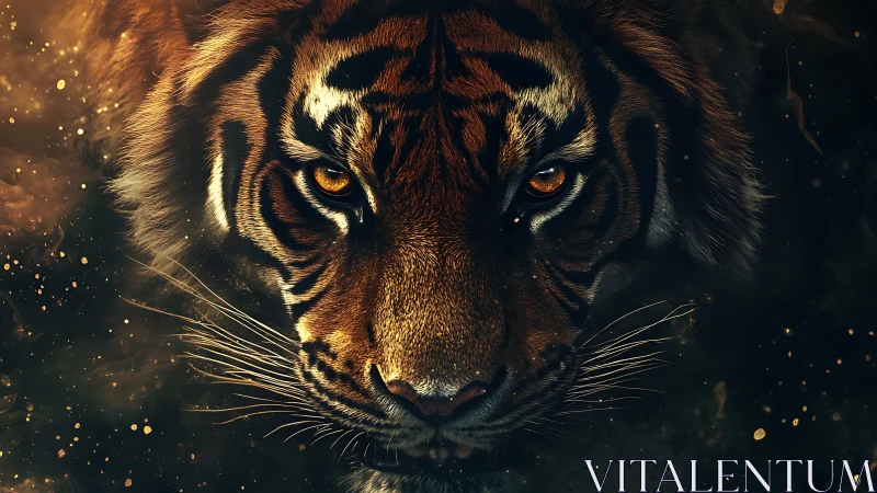 Low-key close-up tiger portrait with high-contrast rim lighting and ember-like particles
