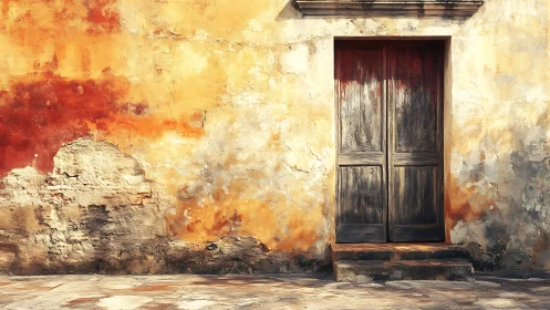 Sunlit weathered doorway on textured ochre plaster wall.