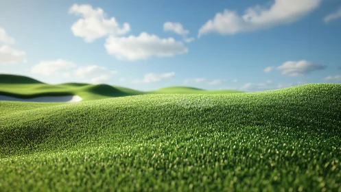 Green grassy hills under blue sky with scattered clouds.