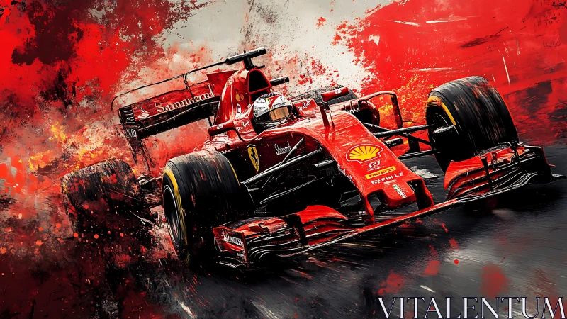 Red Formula 1 Ferrari car explodes through wet track spray.