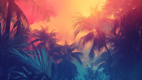 Tropical dusk melts jungle palms into neon dream vapor