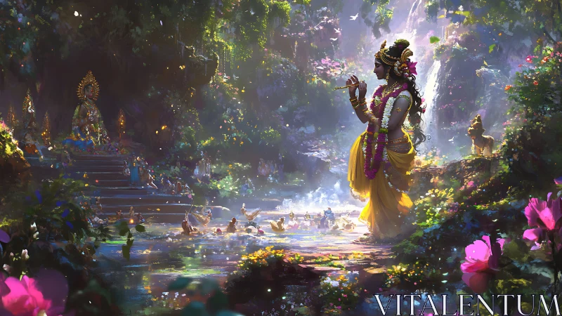 Deity figure in forest river scene with shrine and followers.