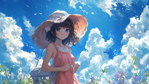 Anime summer portrait under expansive cloud-filled sky.