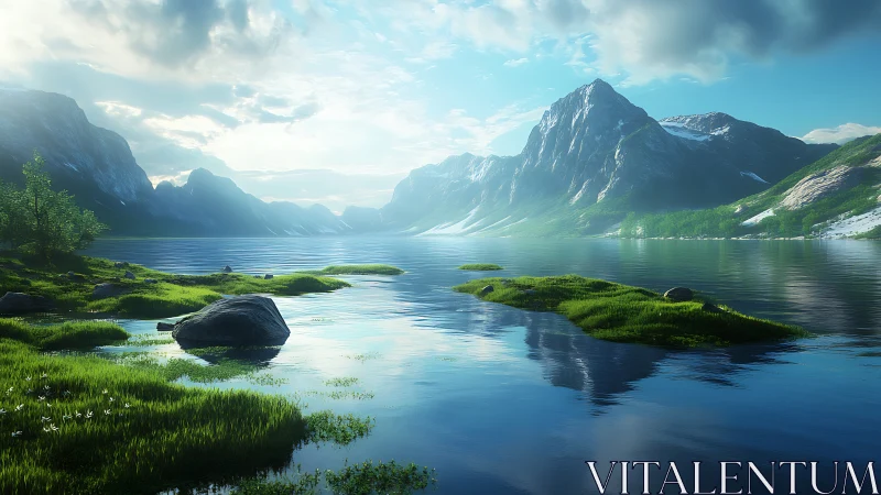 Glacial fjord lake with hyperreal atmospheric depth rendering.