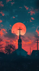 Moonlit village church under a glowing crimson sky.
