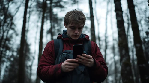 Focused hiker in overcast forest checks smartphone navigation system