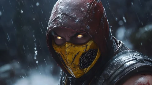 Hooded masked warrior with glowing eyes in heavy snowfall.