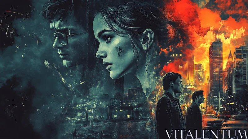 Fiery cityscape reveals conflicted souls caught between worlds