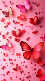 Pink butterflies and hearts over soft romantic backdrop.