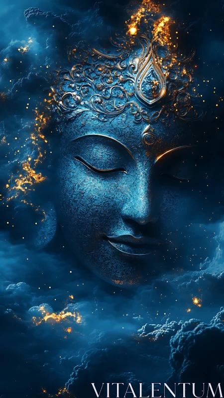 Serene celestial face rests gently within glowing night clouds