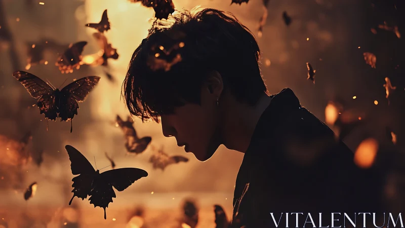 Silhouetted person surrounded by glowing butterflies at dusk.