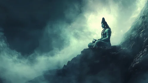 Mountain peak yogi silhouette in teal atmospheric backlight