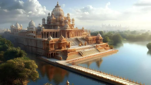 Riverside palace complex rendered in luminous digital painting